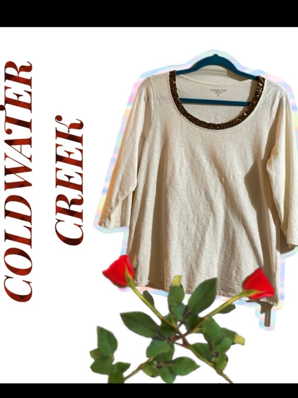 🦋 A CHARMING COLDWATER CREEK TOP! IVORY COLOR W 3/4 LENGTH SLEEVES.SEQUINED NECK